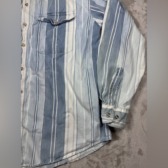 Vintage Campus 90s Striped 100% Cotton Blue White Striped Button Down Shirt XL - Picture 8 of 14